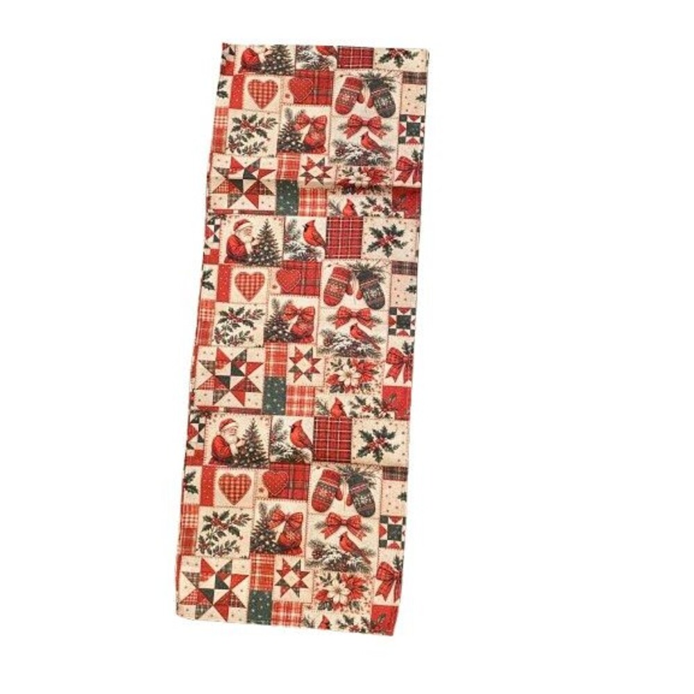 Christmas Table Runner 13x72in Woven Polyester Holly Hearts Cardinals Bows